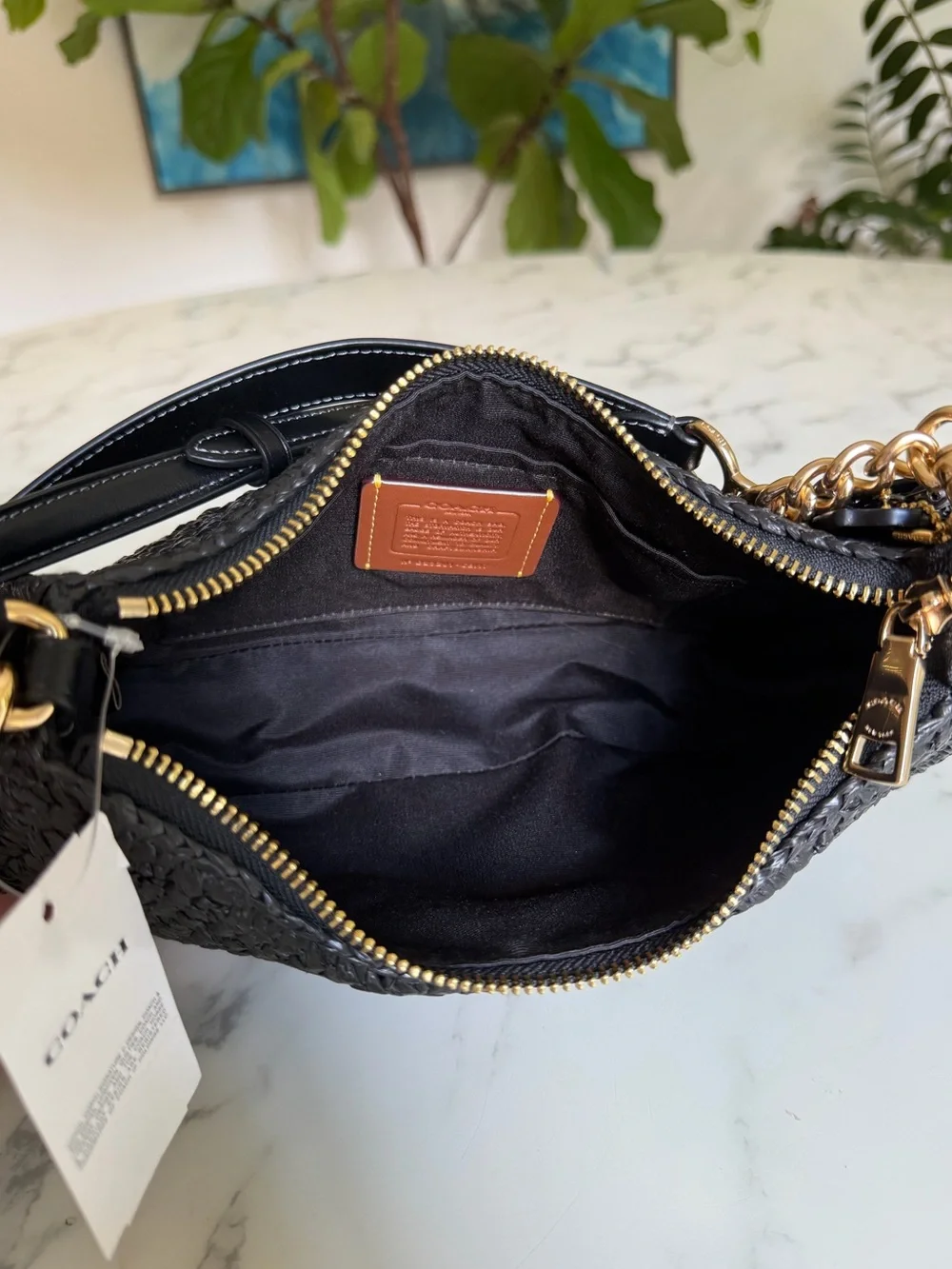 NWT Coach Teri Shoulder Crossbody Bag In Woven Straw & Leather Gold Black CBI17 - Picture 9 of 14
